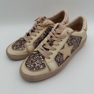 Havana Womens Size 7 Beige & Glitter Star Sneakers Casual Low Top Lace-Up